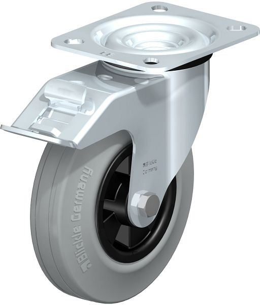 Blickle LE-VPP 125R-FI-SG Stahlblech-Lenkrolle mit Anschraubplatte & Feststeller, Vollgummi, Grau, 309617