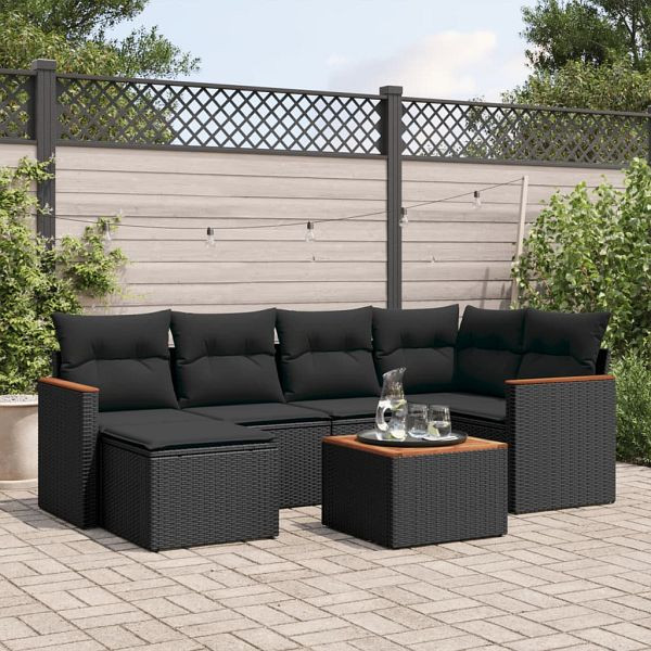 vidaXL 7-tlg. Garten-Sofagarnitur mit Kissen Schwarz Poly Rattan, 3258583