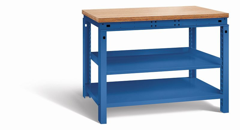 Otto Kind Werkbank Serie function Typ 208, Multiplexplatte 40 mm, bündig, 1 Ablageboden, komplett RAL 5010, 072338113