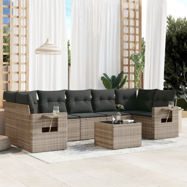 vidaXL 8-tlg. Garten-Sofagarnitur mit Kissen Hellgrau Poly Rattan, 3219941