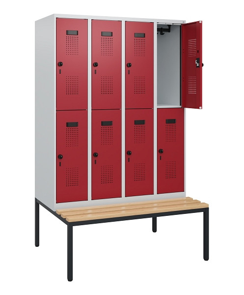 C+P Doppelstöckiger Spind Evolo PLUS, Bank, 8 Fächer, 1950x1200x815mm, 7035/3003, Drehriegel, Sitzfläche Buche-Hartholz, Sitzbank, 0493505-40 S10004