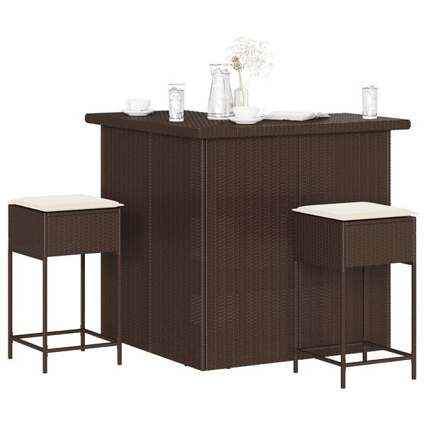 vidaXL 3-tlg. Gartenbar-Set mit Kissen Braun Poly Rattan, 3261500
