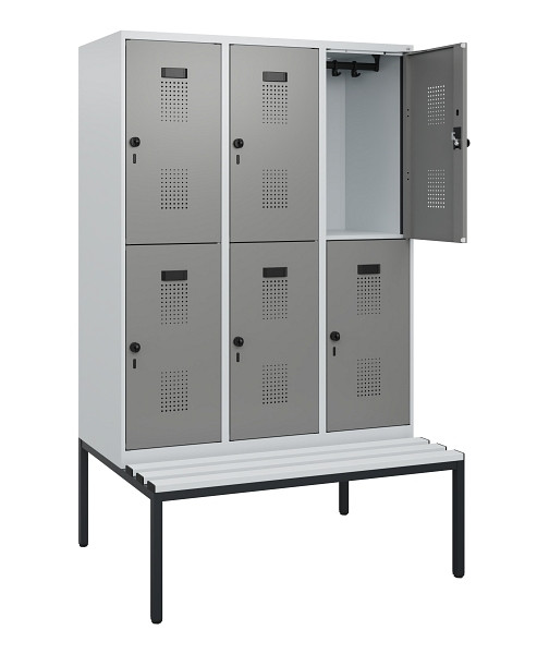 C+P Doppelstöckiger Spind Evolo PLUS, Bank, 6 Fächer, 1950x1200x815mm, 7035/0004, Drehriegel, Sitzfläche Kunststoff, Sitzbank, 0493505-32 S10109