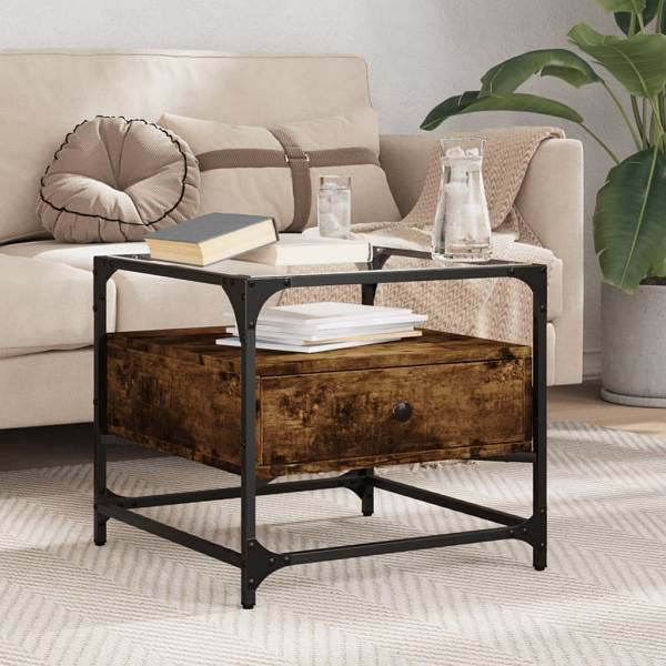vidaXL Couchtisch mit Glasplatte Räuchereiche 50x50x45 cm Stahl, 846051