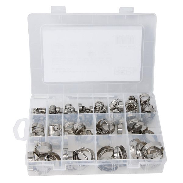 RepTools Basic 1-Ohr Schlauchschellen-Satz, Schlauchklemmen-Satz, Spannweite 5.8-28.6 mm, Edelstahl W4, 125 Stk, XXL-124462