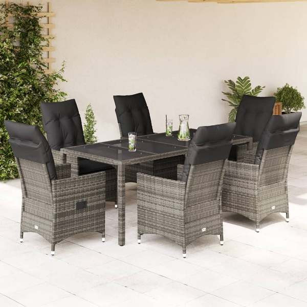 vidaXL 7-tlg. Garten-Essgruppe mit Kissen Grau Poly Rattan, UV-beständig, 3276741