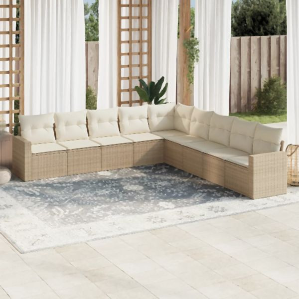 vidaXL 9-tlg. Garten-Sofagarnitur mit Kissen Beige Poly Rattan, 3251425