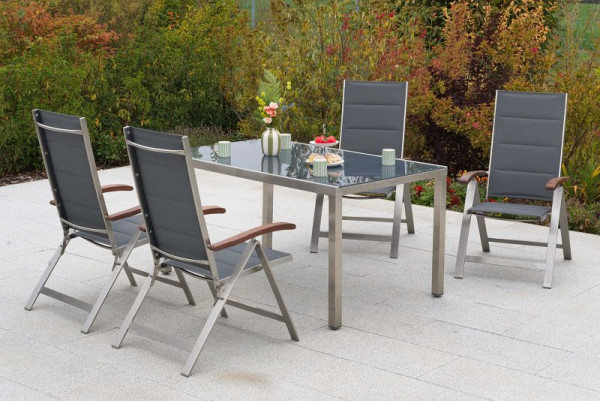 Merxx Ferrara Set 5-teilig, 4 Ferrara Klappsessel, gepadded, 1 Tisch 150 x 90 cm, graue Glasplatte, Edelstahlgestell mit Textilbespannung, 50372-309
