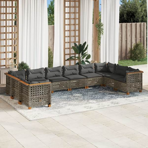 vidaXL 10-tlg. Garten-Sofagarnitur mit Kissen Grau Poly Rattan, UV-beständig, 3262023