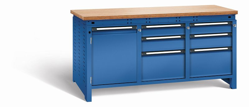 Otto Kind Werkbank Serie function Typ 311, Multiplexplatte 40 mm, bündig, 2x Unterbau + mittleres Feld, komplett RAL 5010, 072366113