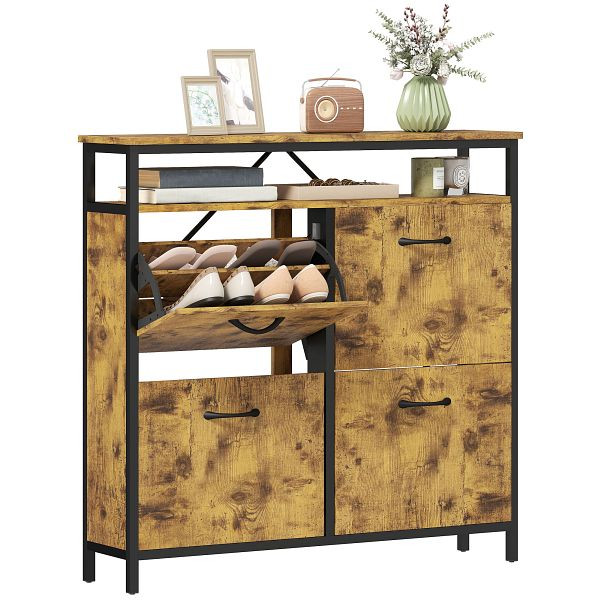HOMCOM Schuhschrank mit 4 klappbaren Schubladen, schmales Design, offenes Regal, für 12-20 Paar Schuhe, Stahl, Braun, 837-599V90RB