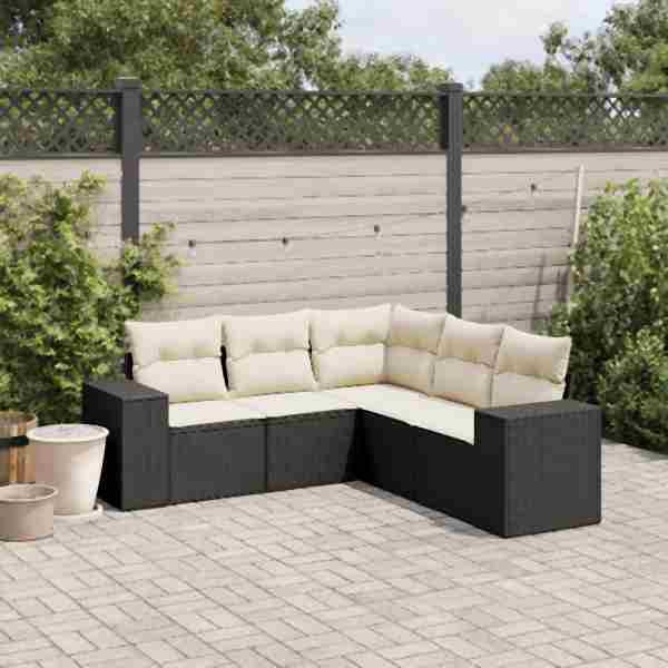 vidaXL 5-tlg. Garten-Sofagarnitur mit Kissen Schwarz Poly Rattan, UV-beständig, 3222545