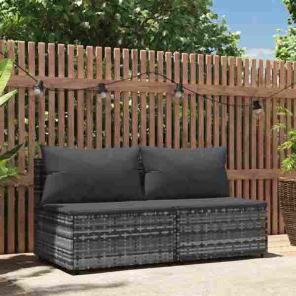 vidaXL Garten-Mittelsofas mit Kissen 2 Stück Grau Poly Rattan, 319770