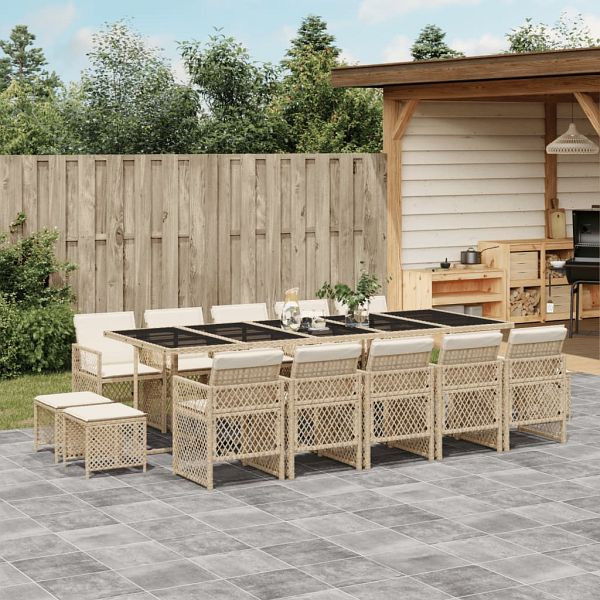 vidaXL 15-teilig Garten-Essgruppe mit Kissen Beige Poly Rattan, 3210814