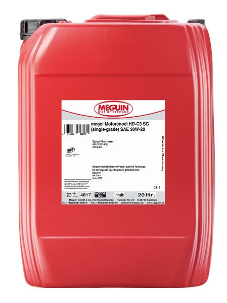 Meguin megol Motorenöl HD-C3 SG (single-grade) SAE 20W-20, Kanister Kunststoff, VE: 20 Liter, 4817