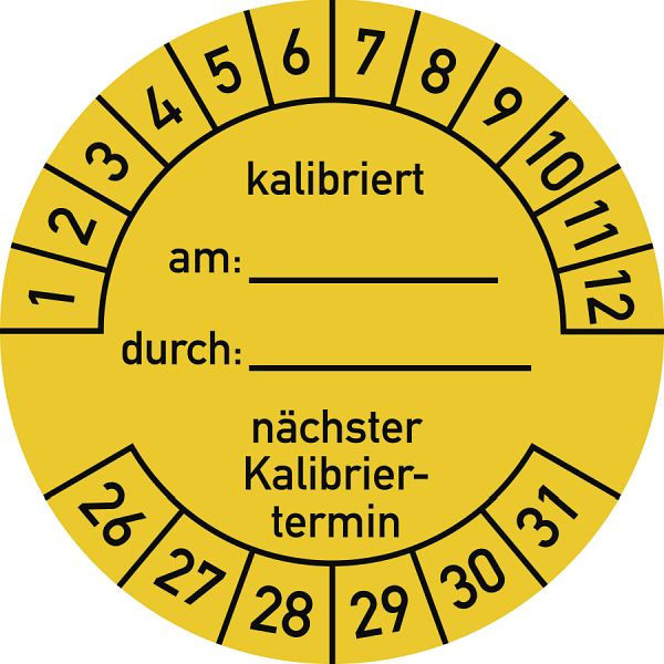 Moedel Prüfplakette kalibriert am: durch: nächster...2026-2031, Folie, Ø 40 mm, VE: 10 Stück/Bogen, 107103