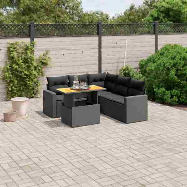 vidaXL 6-tlg. Garten-Sofagarnitur mit Kissen Schwarz Poly Rattan, UV-beständig, 3271307