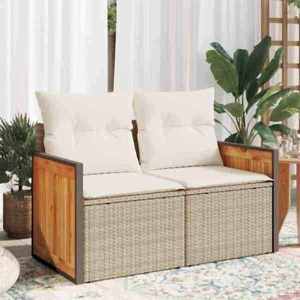 vidaXL Gartensofa mit Kissen 2-Sitzer Beige Poly Rattan, UV-beständig, 366068