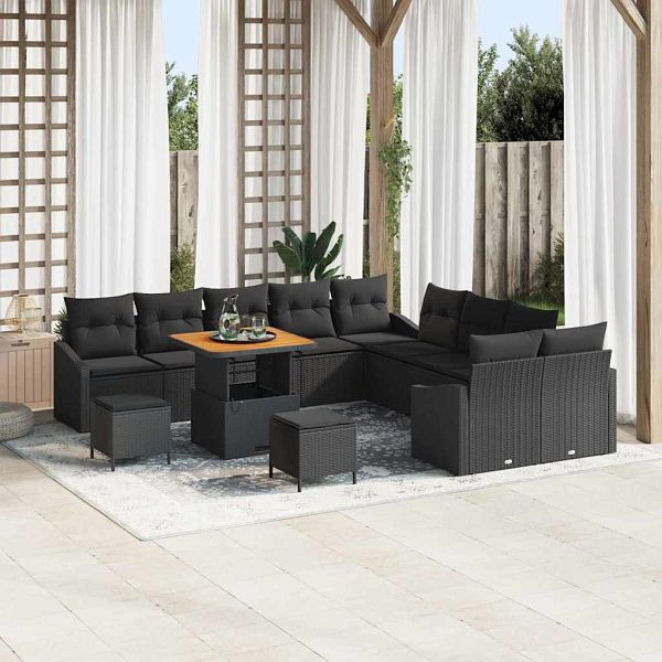vidaXL Garten-Sofa-Set mit Kissen 13-teilig Schwarz Poly-Rattan, 3362709
