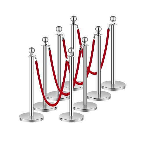 VEVOR Absperrpfosten, VE: 8 Stück, mit 4 roten Samtseilen (1,5 m), Edelstahl, nachfüllbarer Sockel, für Ausstellungen, Silber, QTGLZDSDYSHR7HYX2V0