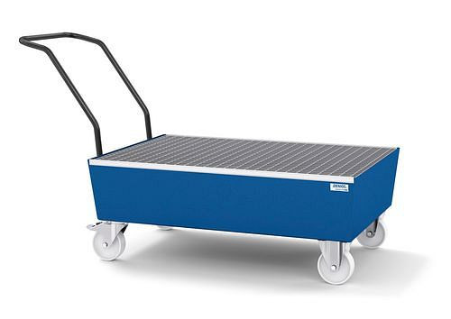 DENIOS Fahrbare Auffangwanne classic-line für 2 Fässer à 200 l, blau lackiert, mit Gitterrost, 259339
