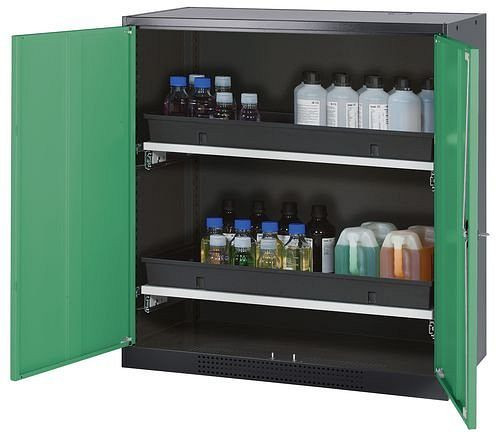 asecos Chemikalienschrank Systema-T CS-102, Korpus anthrazit, Flügeltüren grün, 2 Tablarauszüge, 208658