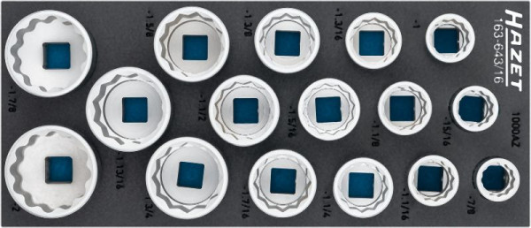 Hazet Steckschlüssel Satz, 3/4 Zoll (20 mm) Vierkant, Außen Doppelsechskant-Tractionsprofil, 16-teilig, 7⁄8″ – 2″, 163-643/16