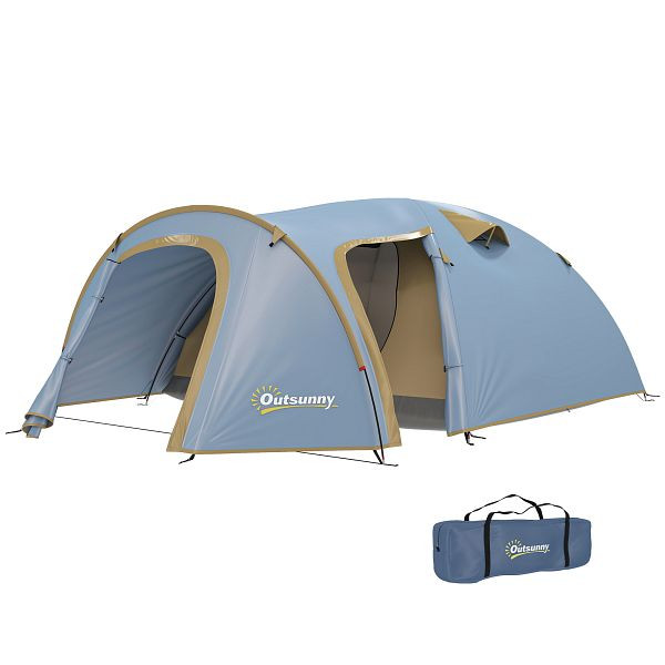 Outsunny Campingzelt für 4 Personen, wasserdicht Tunnelzelt mit 2 Türen Haken Packtasche 3,45 x 2,4 x 1,3 m Hellblau, A20-458V00LB