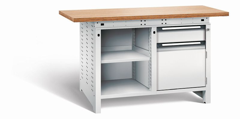 Otto Kind Werkbank Serie function Typ 211, Multiplexplatte 40 mm, überstehend, 2x Unterbau, komplett RAL 7035, 072341217