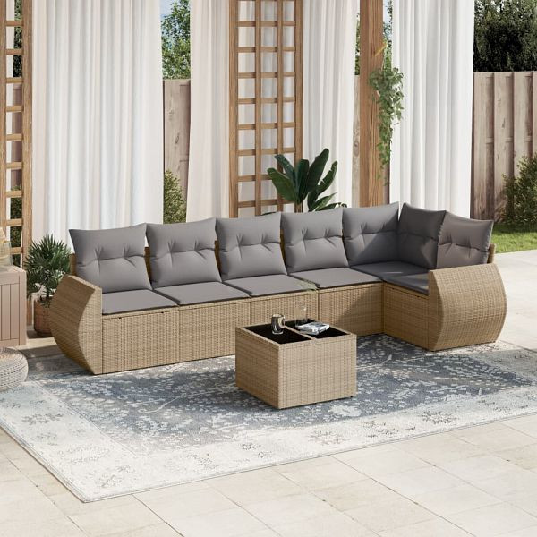 vidaXL 7-teilig Garten-Sofagarnitur mit Kissen Beige Poly Rattan, 3253736