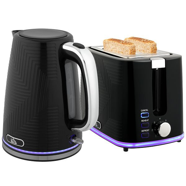 HOMCOM Wasserkocher- und Toaster-Set, 2200W, Otter-Thermostat, 2-Schlitz-Toaster, 7 Bräunungsstufen, Krümelfach, Schwarz, 800-284V90BK