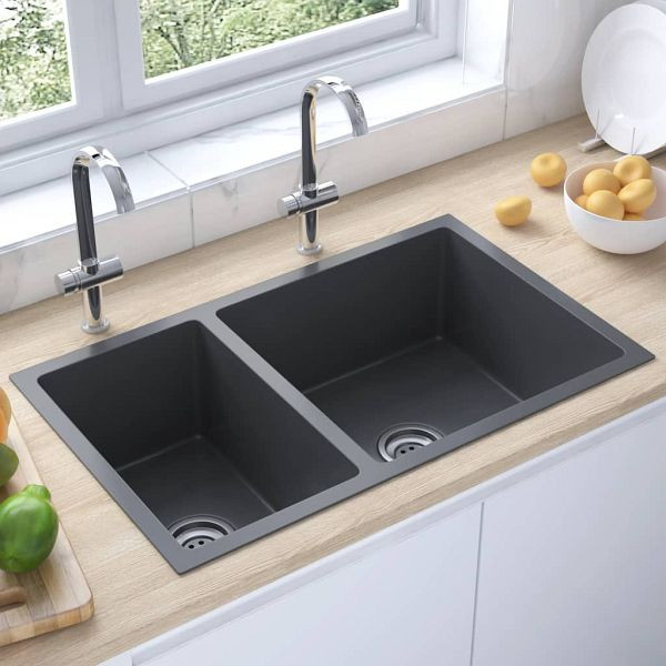 vidaXL Küchenspüle Schwarz Edelstahl, zeitlos, 71,5 x 44 x 20 cm, 51562