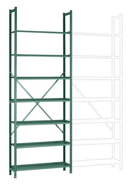 Manuflex Büro-Steck-Grundregal mit 7 pulverbeschichteten Stahlböden, HxBxT = 2600 x 960 x 300 mm, graugrün, RA3171.0001