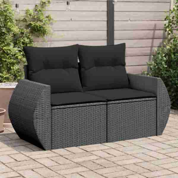 vidaXL Gartensofa mit Kissen 2-Sitzer Schwarz Poly Rattan, UV-beständig, 365973