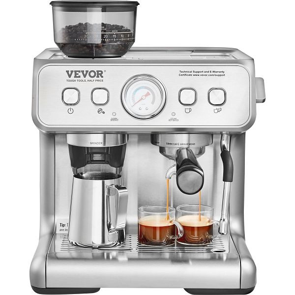 VEVOR Espressomaschine mit Mahlwerk, 15 Bar Halbautomatische Espressomaschine mit Milchaufschäumer, Dampfdüse, BZDYSKFJYMKAH5JSRV2