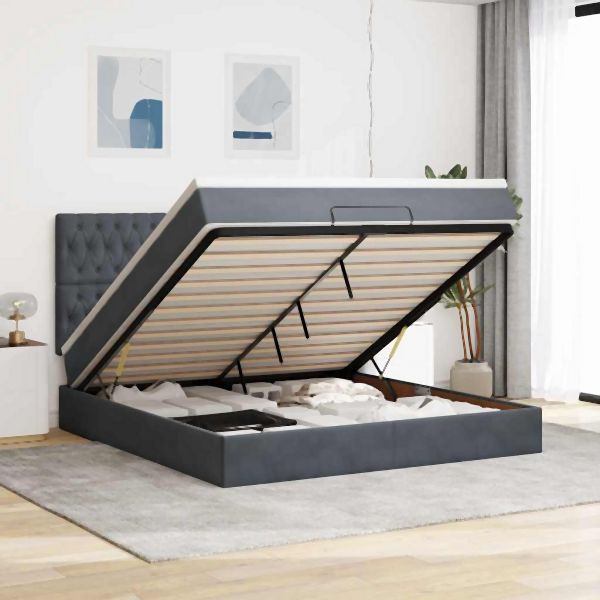 vidaXL Ottoman-Bett mit Matratzen & LEDs Dunkelgrau 160x200 cm Samt, 3314403