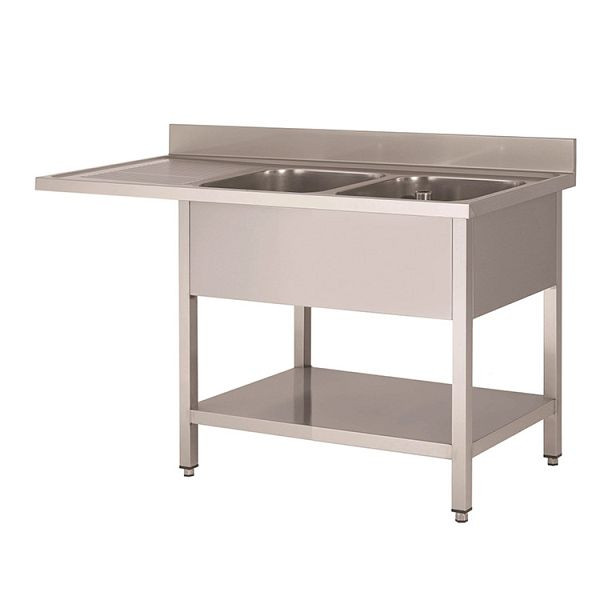 Gastro-Inox Spültisch aus Edelstahl mit rechts 2 Becken, Grundboden und Platz für Geschirrspüler, 1600(L)mm, 305.514