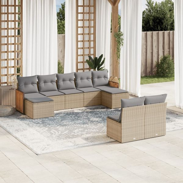 vidaXL 9-teilig Garten-Sofagarnitur mit Kissen Beige Poly Rattan, 3260456
