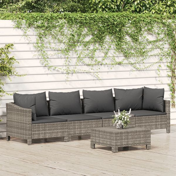 vidaXL 5-teilig Garten-Lounge-Set mit Kissen Grau Poly Rattan, 3187263