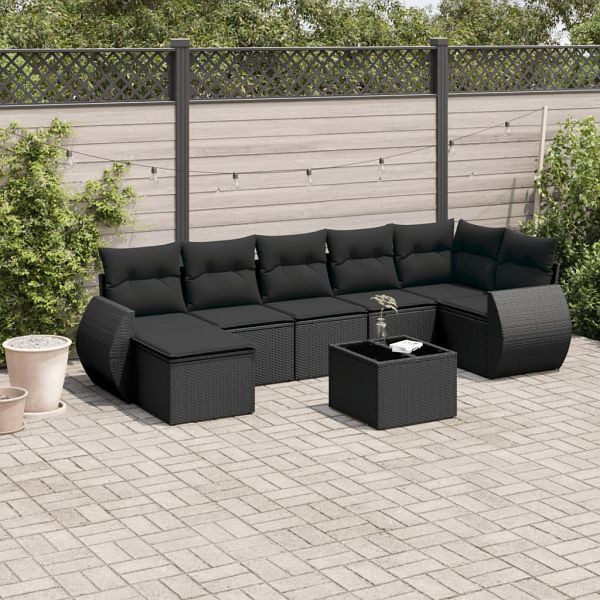 vidaXL 8-tlg. Garten-Sofagarnitur mit Kissen Schwarz Poly Rattan, 3221684