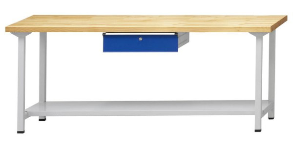 ANKE Werkbänke Arbeitstisch; 2000x700x890 mm; RAL 7035/5010; Buche-Massiv-Platte 40 mm; 1xHängeschublade; 1xAblageboden aus Stahlblech 500 mm tief, 400.349