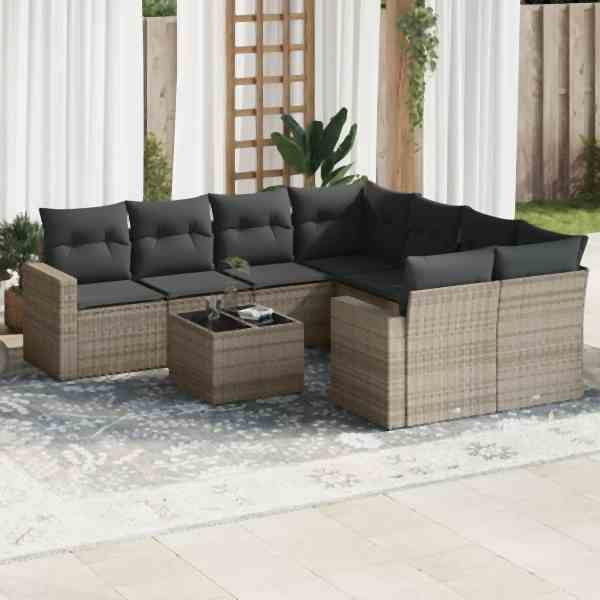 vidaXL 9-tlg. Garten-Sofagarnitur mit Kissen Grau Poly Rattan, UV-beständig, 3251097