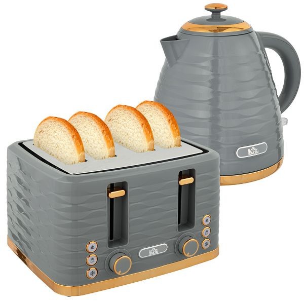 HOMCOM 2-in-1 Toaster und Wasserkocher Set, 7 Bräunungsstufen, Auftau- und Aufwärmfunktion, Grau, 800-162V90GY