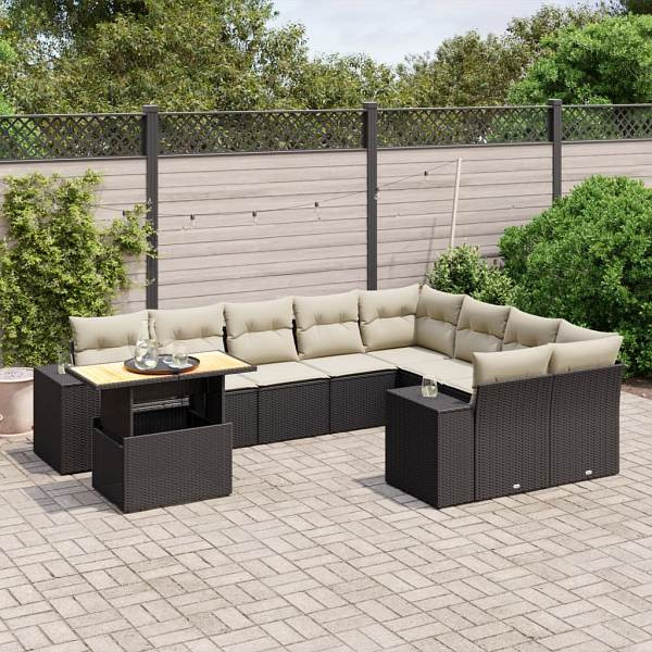 vidaXL 10-tlg. Garten-Sofagarnitur mit Kissen Schwarz Poly Rattan, UV-beständig, 3272799