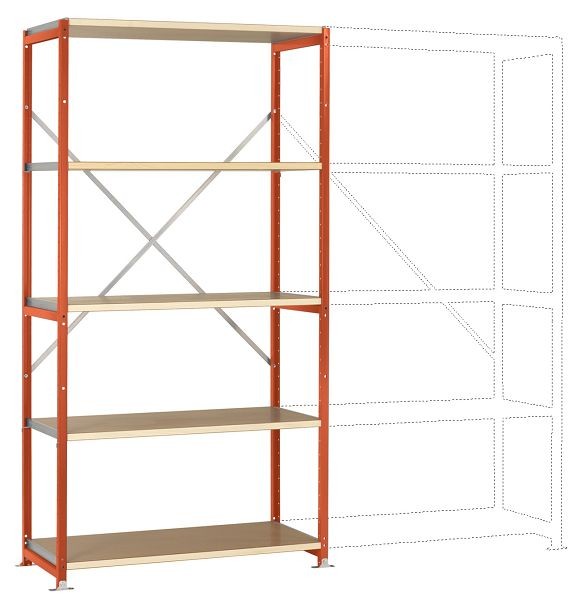 Manuflex Mittelschweres Fachboden-Steckregal Grundregal mit 5 Holzverbundböden, HxBxT = 2000 x 1030 x 300 mm, rotorange, RP1005.2001