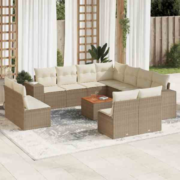 vidaXL 12-tlg. Garten-Sofagarnitur mit Kissen Beige Poly Rattan, UV-beständig, 3257836