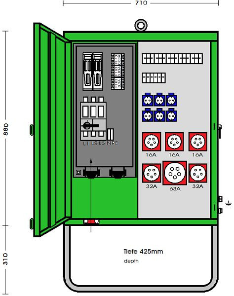 Elektra Tailfingen Verteilerschrank 69 kVA mit 2 RCD Typ B und RCD Typ A, 6 CEE-Abgänge 16-63A und 6 Schutzkontakt-Steckdosen, V 100N/A/6321-3, 183222