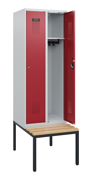 C+P Spind Evolo PLUS, 2 Abteile, 1950x600x815mm, 7035/3003, Zylinderschloss, Sitzfläche Holz, Sitzbank, 0490505-20 S10026