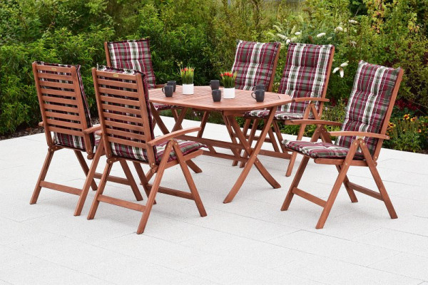 Merxx Borkum Set 13-teilig, 6 Klappsessel, Rückenlehne 5-fach verstellbar, 6 weinrot karierte Kissen, 1 Klapptisch, 135 x 85 cm, 40006-011