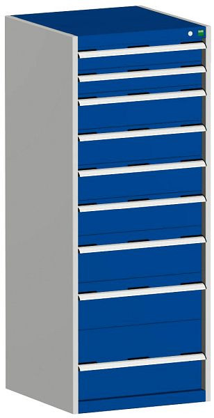 bott cubio Schubladenschrank bestückt mit 9 Schubladen BxTxH: 650 x 650 x 1600 mm, RAL 7035/5010, 40019154.11V